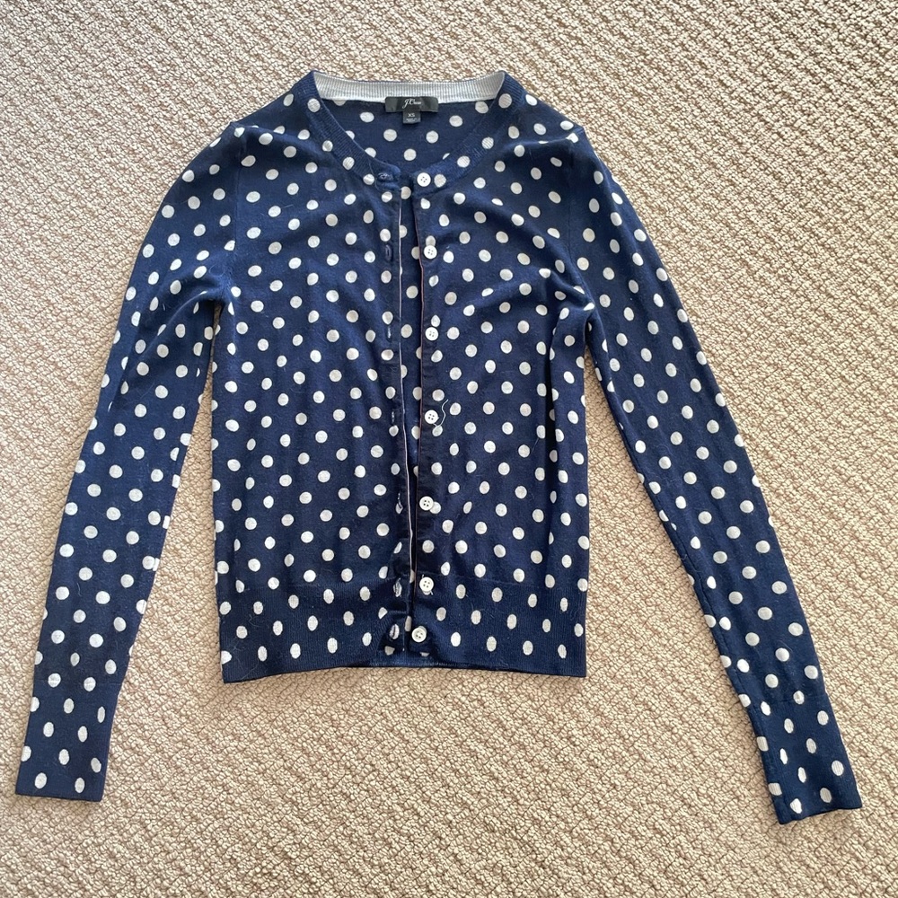 J Crew 100% merino wool polka dot blue cardigan women XS
